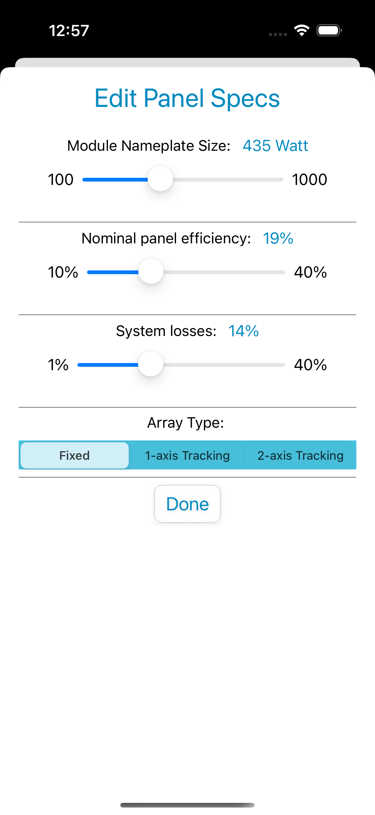 Panel specs screen
